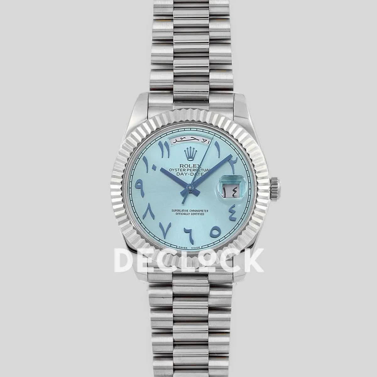 Replica Rolex Day-Date 40 228206 Blue Dial in Platinum with Arabic Markers |  Declock.