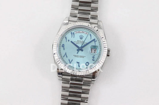 Replica Rolex Day-Date 40 228206 Blue Dial in Platinum with Arabic Markers |  Declock.