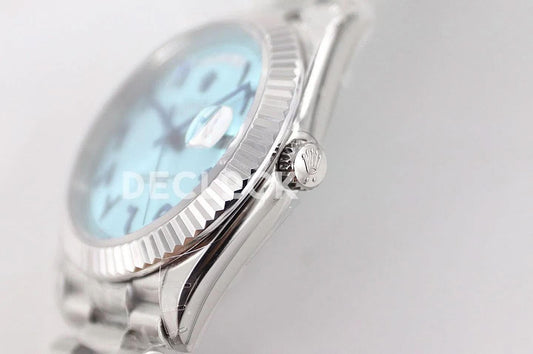 Replica Rolex Day-Date 40 228206 Blue Dial in Platinum with Arabic Markers |  Declock.