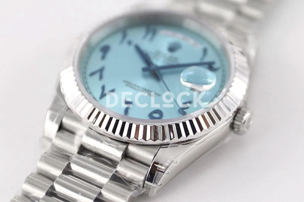 Replica Rolex Day-Date 40 228206 Blue Dial in Platinum with Arabic Markers |  Declock.