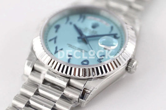 Replica Rolex Day-Date 40 228206 Blue Dial in Platinum with Arabic Markers |  Declock.