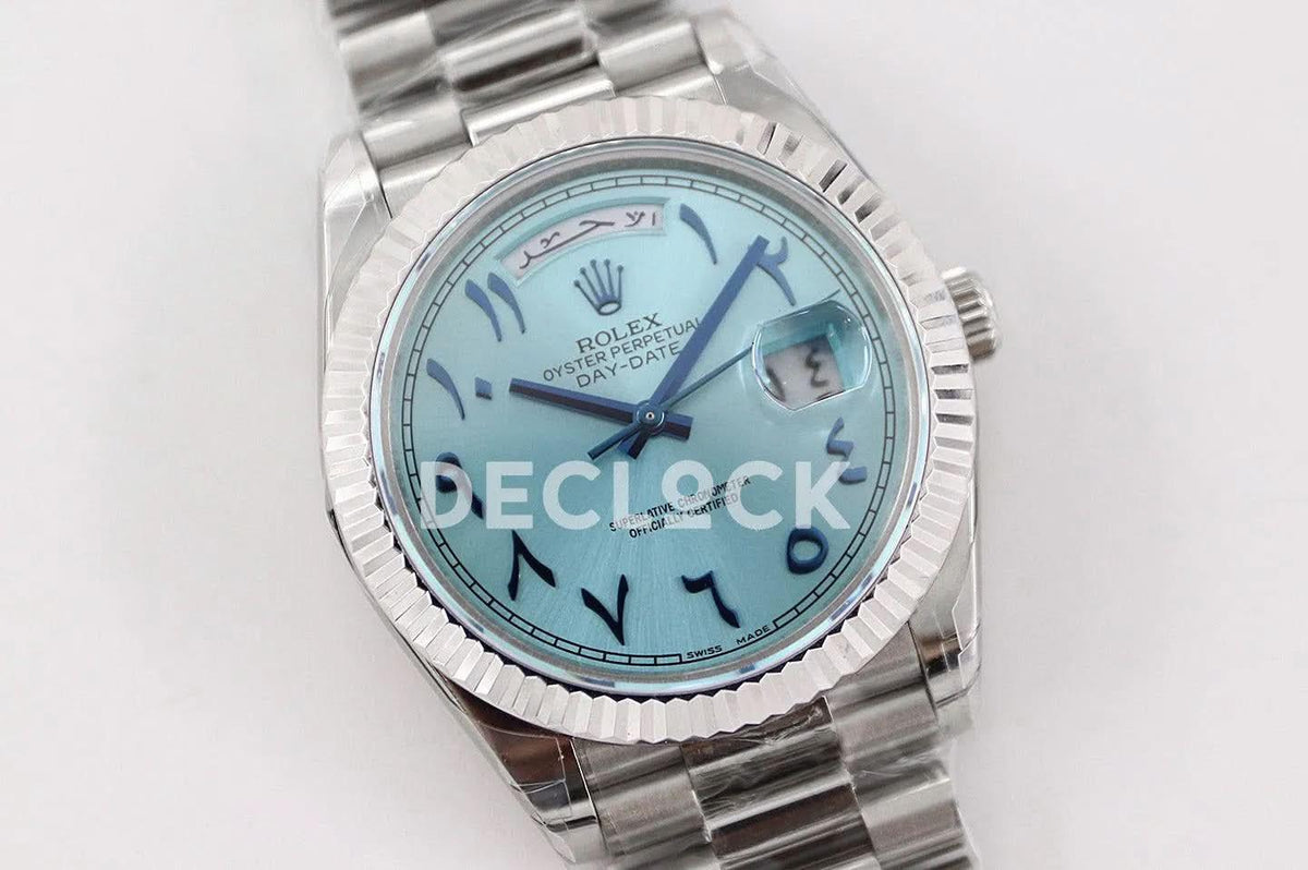 Replica Rolex Day-Date 40 228206 Blue Dial in Platinum with Arabic Markers |  Declock.