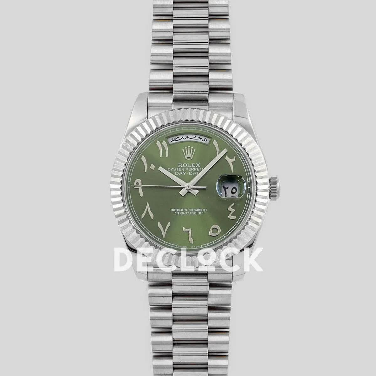Replica Rolex Day-Date 40 228206 Green Dial in Platinum with Arabic Markers |  Declock.