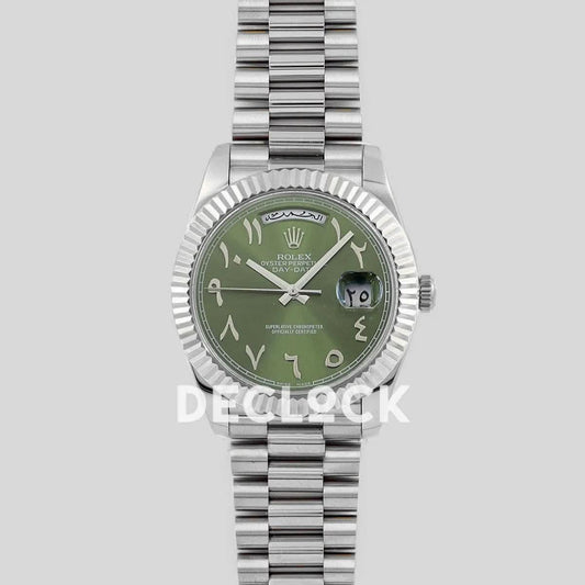 Replica Rolex Day-Date 40 228206 Green Dial in Platinum with Arabic Markers | Declock.