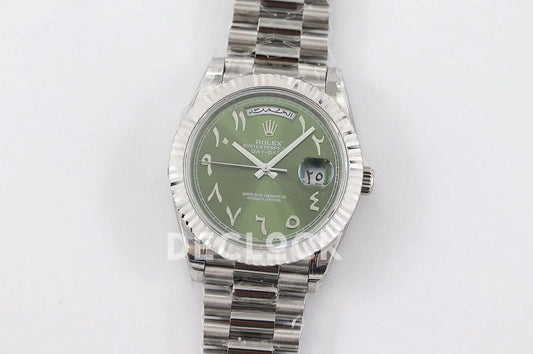 Replica Rolex Day-Date 40 228206 Green Dial in Platinum with Arabic Markers | Declock.