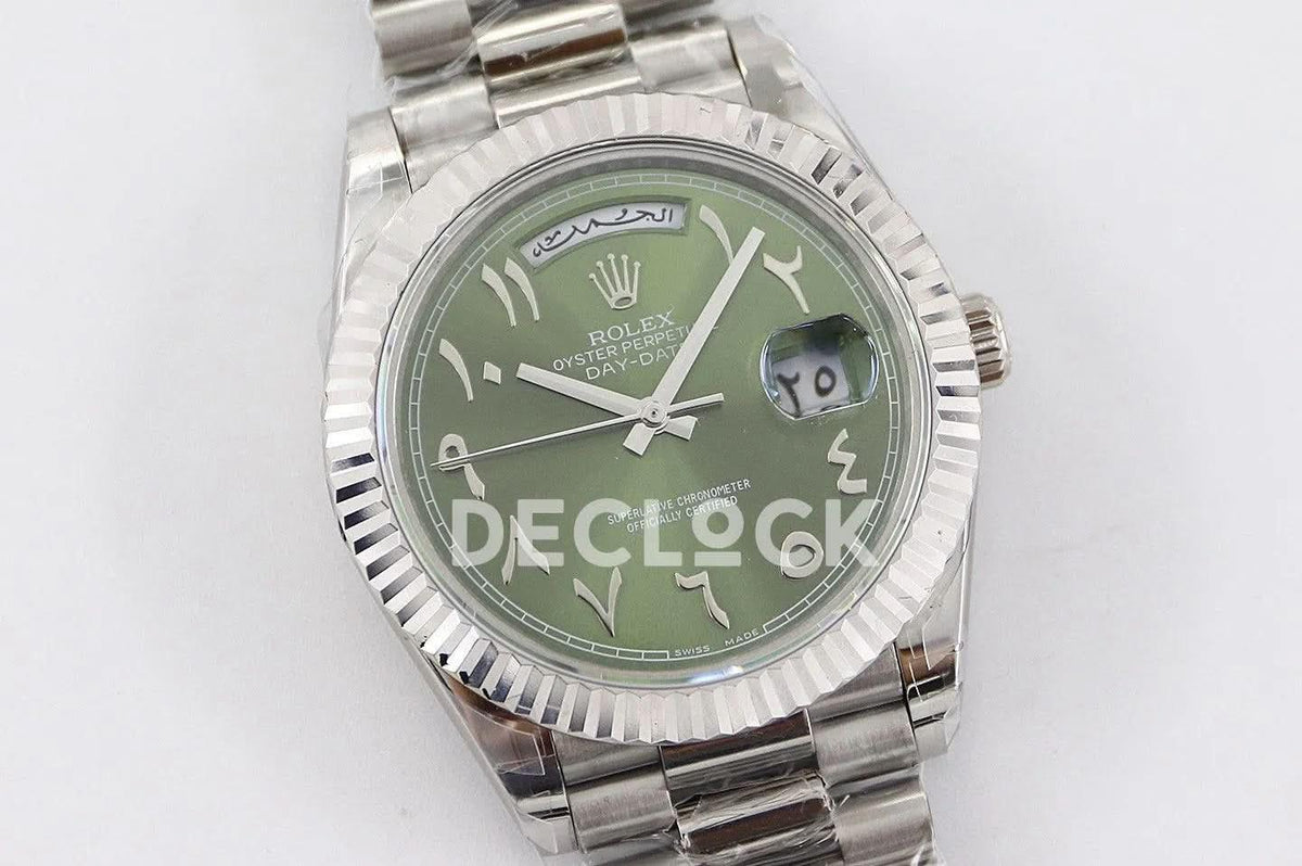 Replica Rolex Day-Date 40 228206 Green Dial in Platinum with Arabic Markers |  Declock.