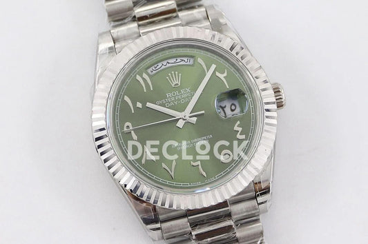 Replica Rolex Day-Date 40 228206 Green Dial in Platinum with Arabic Markers | Declock.