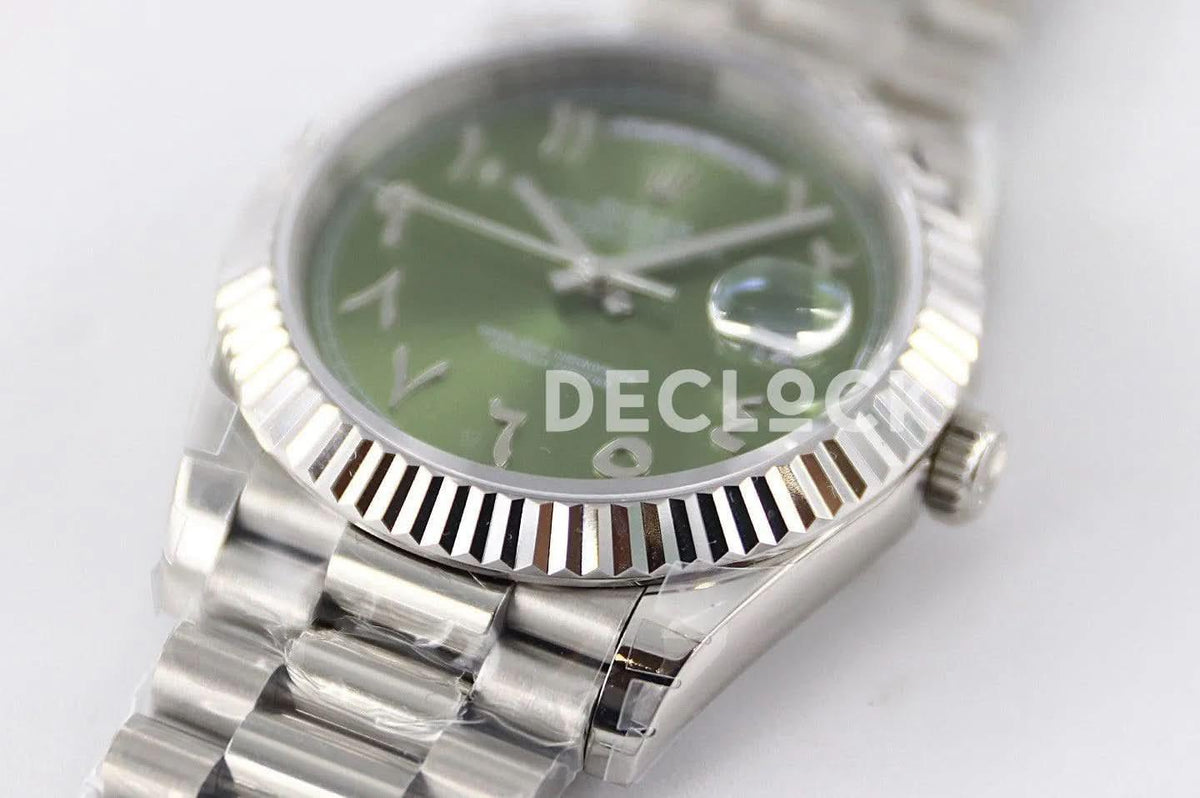 Replica Rolex Day-Date 40 228206 Green Dial in Platinum with Arabic Markers |  Declock.