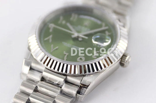 Replica Rolex Day-Date 40 228206 Green Dial in Platinum with Arabic Markers | Declock.