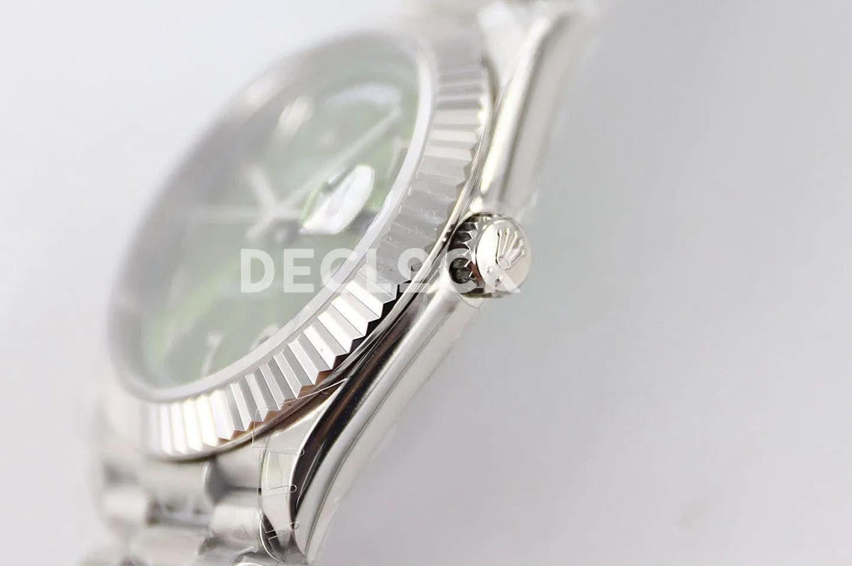Replica Rolex Day-Date 40 228206 Green Dial in Platinum with Arabic Markers |  Declock.