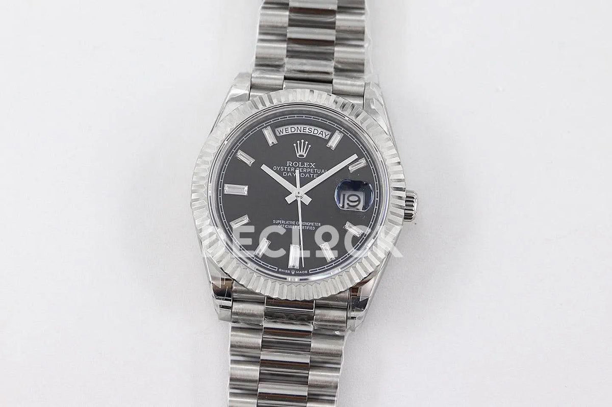 Replica Rolex Day-Date 40 228235 Black Dial in White Gold with Diamond |  Declock.