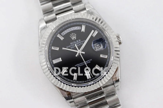 Replica Rolex Day-Date 40 228235 Black Dial in White Gold with Diamond | Declock.