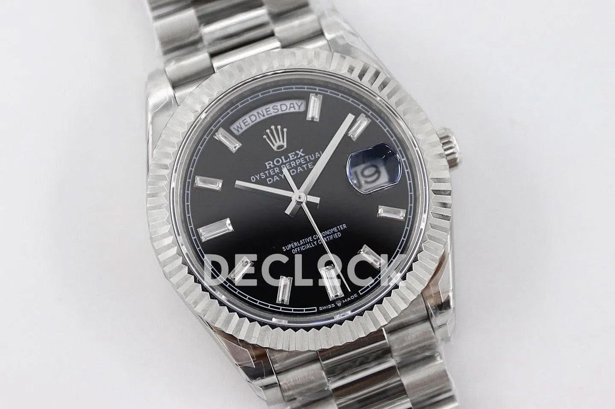 Replica Rolex Day-Date 40 228235 Black Dial in White Gold with Diamond |  Declock.