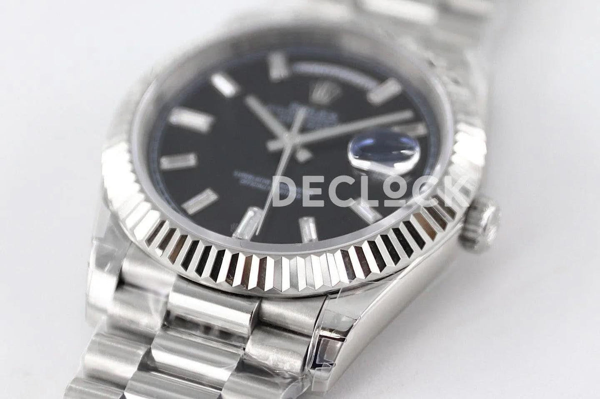 Replica Rolex Day-Date 40 228235 Black Dial in White Gold with Diamond |  Declock.