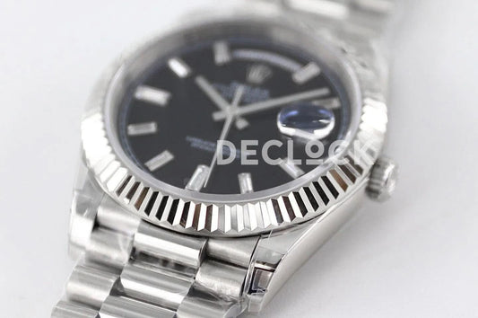 Replica Rolex Day-Date 40 228235 Black Dial in White Gold with Diamond |  Declock.