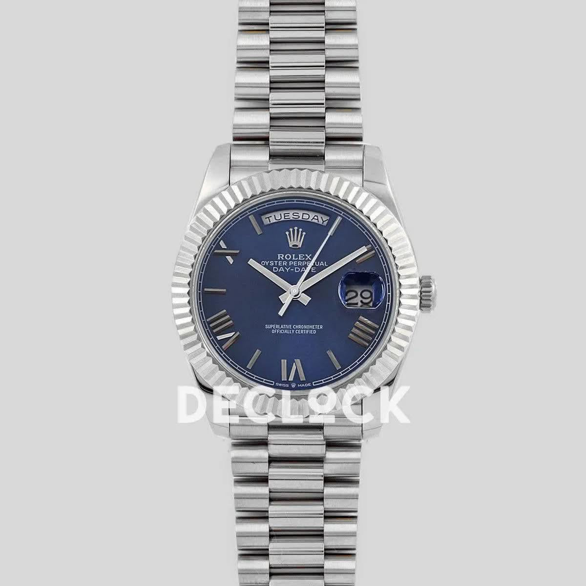 Replica Rolex Day-Date 40 228235 Blue Dial in White Gold with Roman Markers |  Declock.