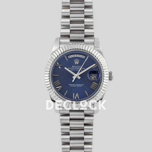Replica Rolex Day-Date 40 228235 Blue Dial in White Gold with Roman Markers |  Declock.