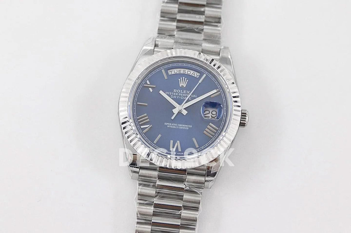 Replica Rolex Day-Date 40 228235 Blue Dial in White Gold with Roman Markers |  Declock.