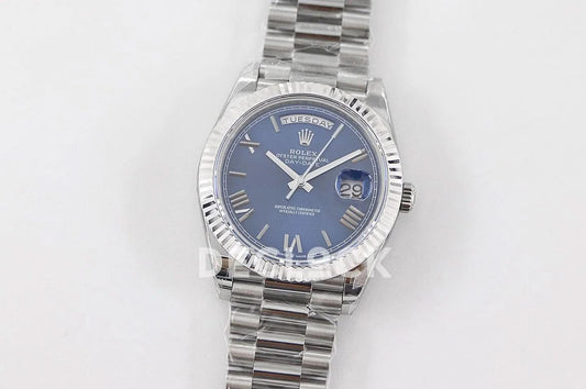 Replica Rolex Day-Date 40 228235 Blue Dial in White Gold with Roman Markers |  Declock.