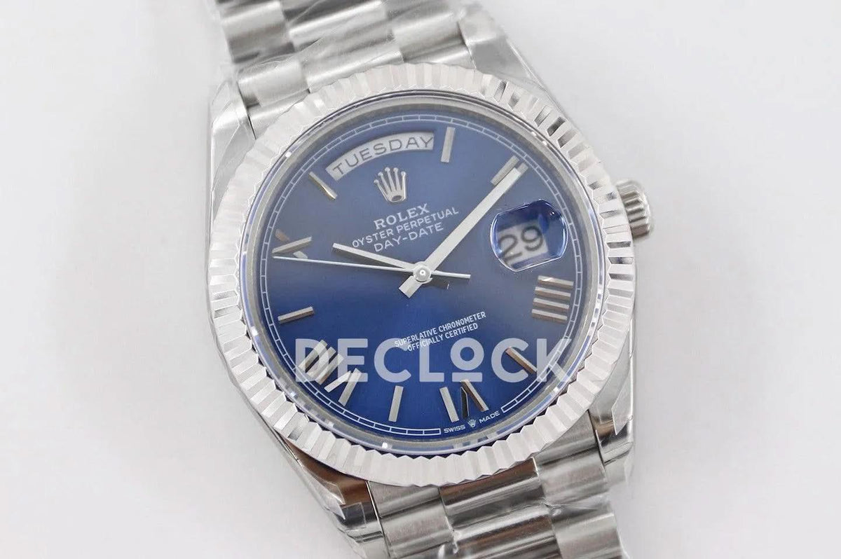 Replica Rolex Day-Date 40 228235 Blue Dial in White Gold with Roman Markers |  Declock.