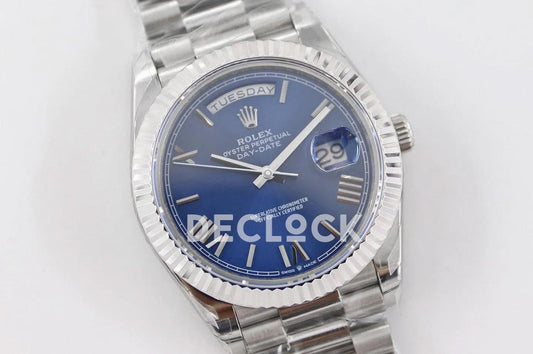 Replica Rolex Day-Date 40 228235 Blue Dial in White Gold with Roman Markers |  Declock.