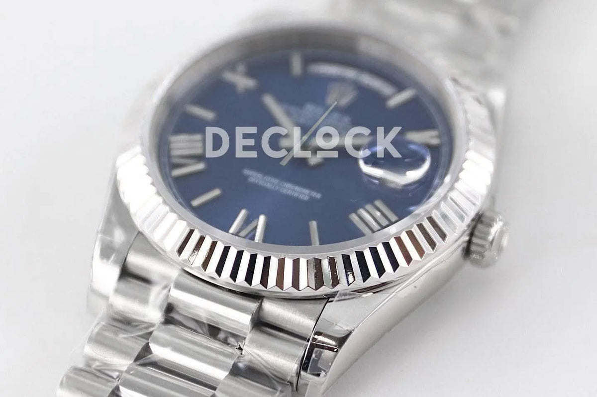 Replica Rolex Day-Date 40 228235 Blue Dial in White Gold with Roman Markers |  Declock.