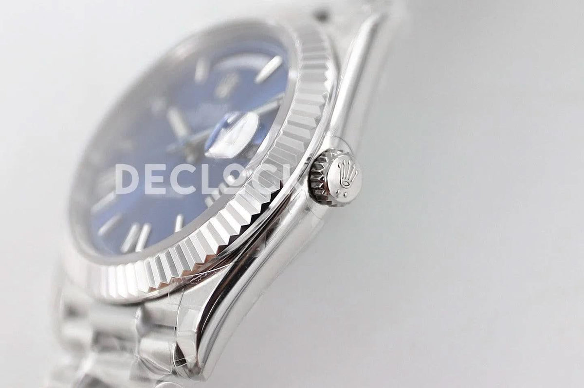 Replica Rolex Day-Date 40 228235 Blue Dial in White Gold with Roman Markers |  Declock.