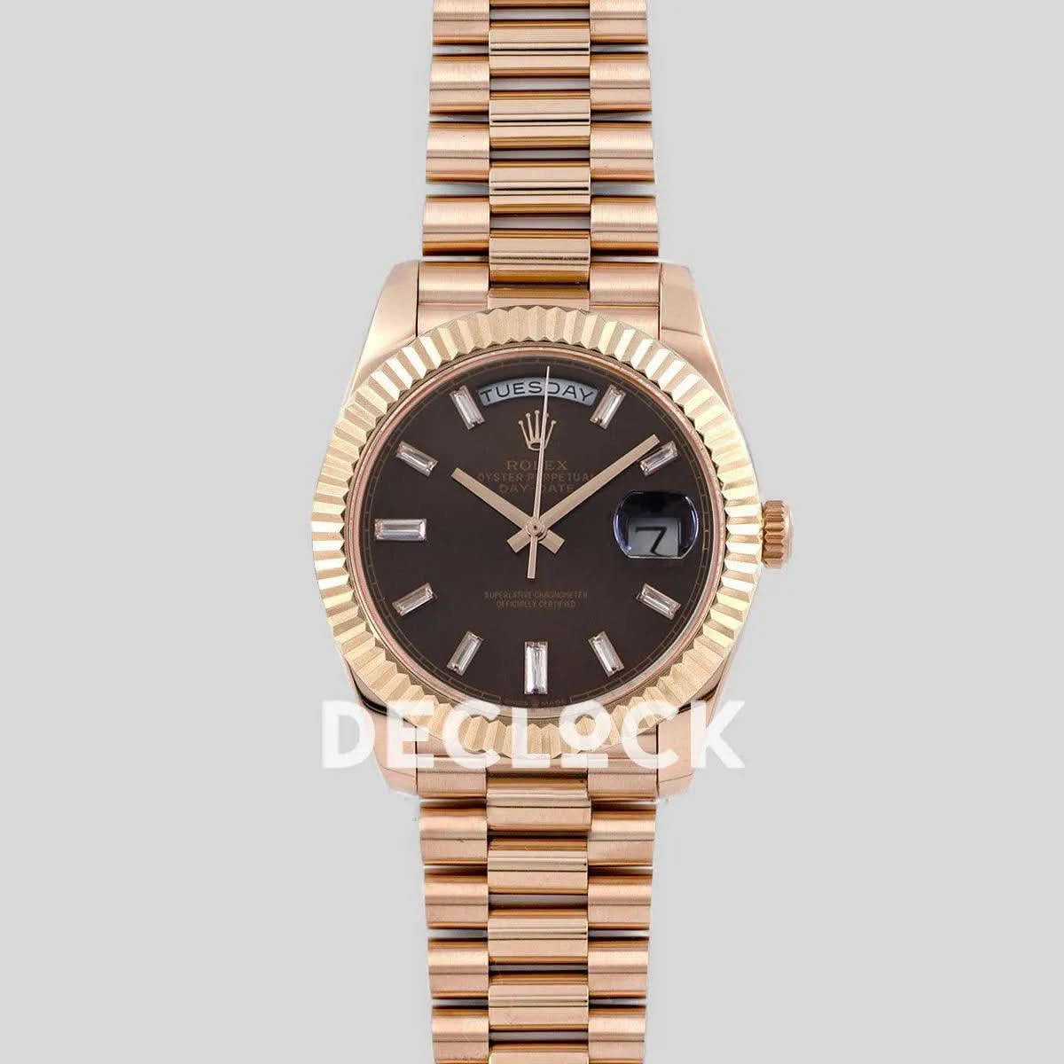 Replica Rolex Day-Date 40 228235 Chocolate Dial in Everose Gold |  Declock.