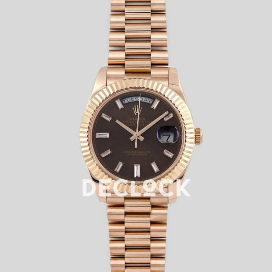 Replica Rolex Day-Date 40 228235 Chocolate Dial in Everose Gold | Declock.