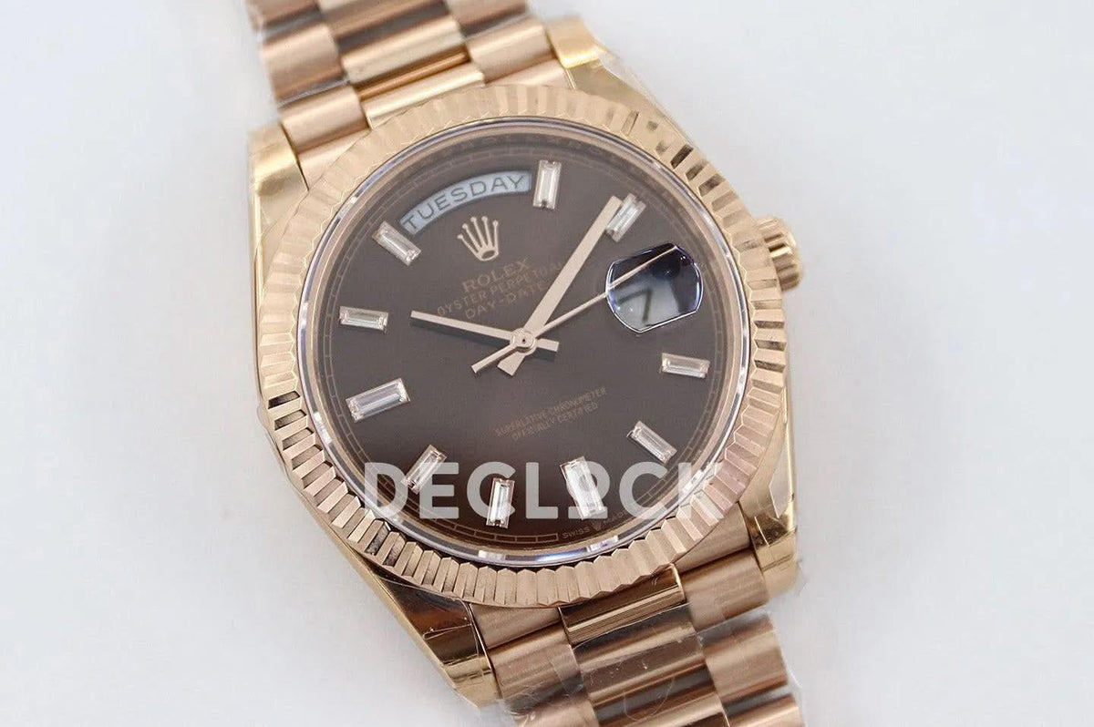 Replica Rolex Day-Date 40 228235 Chocolate Dial in Everose Gold |  Declock.