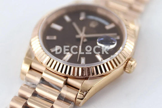 Replica Rolex Day-Date 40 228235 Chocolate Dial in Everose Gold | Declock.