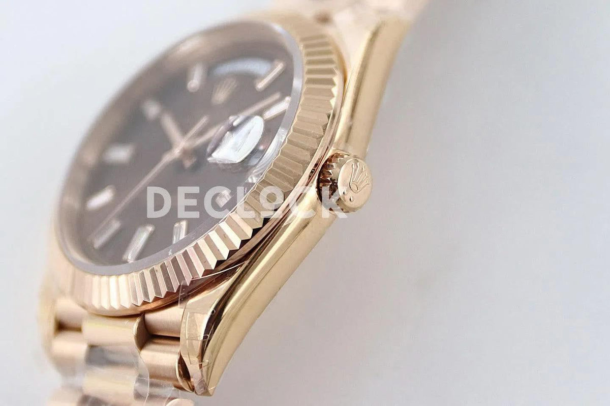Replica Rolex Day-Date 40 228235 Chocolate Dial in Everose Gold |  Declock.