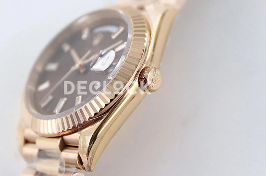 Replica Rolex Day-Date 40 228235 Chocolate Dial in Everose Gold | Declock.