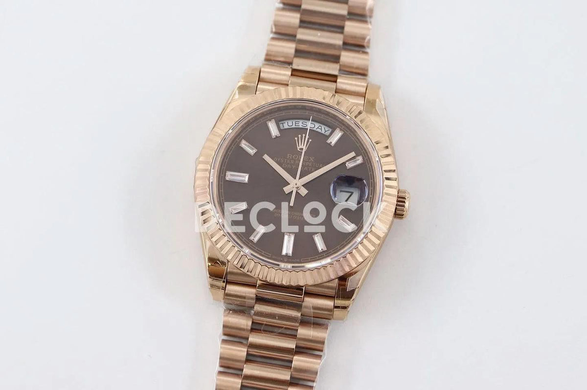 Replica Rolex Day-Date 40 228235 Chocolate Dial in Everose Gold |  Declock.