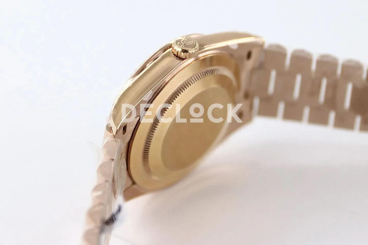 Replica Rolex Day-Date 40 228235 Chocolate Dial in Everose Gold |  Declock.