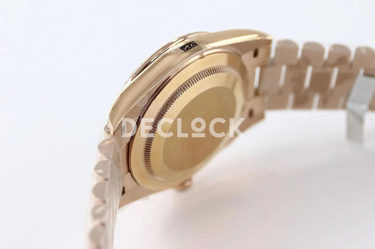 Replica Rolex Day-Date 40 228235 Chocolate Dial in Everose Gold |  Declock.