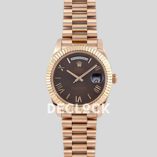Replica Rolex Day-Date 40 228235 Chocolate Dial Roman Markers in Rose Gold | Declock.