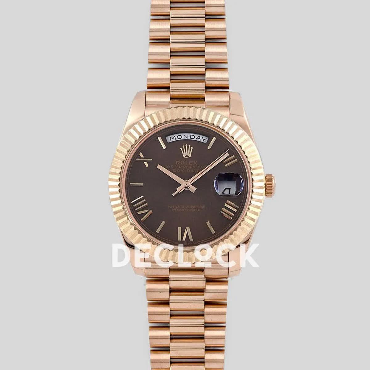 Replica Rolex Day-Date 40 228235 Chocolate Dial Roman Markers in Rose Gold |  Declock.