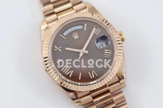 Replica Rolex Day-Date 40 228235 Chocolate Dial Roman Markers in Rose Gold | Declock.