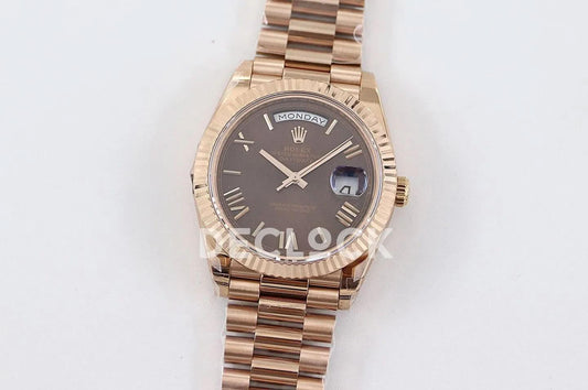 Replica Rolex Day-Date 40 228235 Chocolate Dial Roman Markers in Rose Gold | Declock.