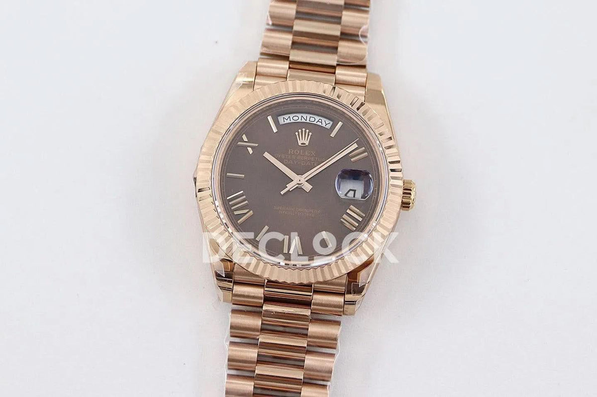 Replica Rolex Day-Date 40 228235 Chocolate Dial Roman Markers in Rose Gold |  Declock.