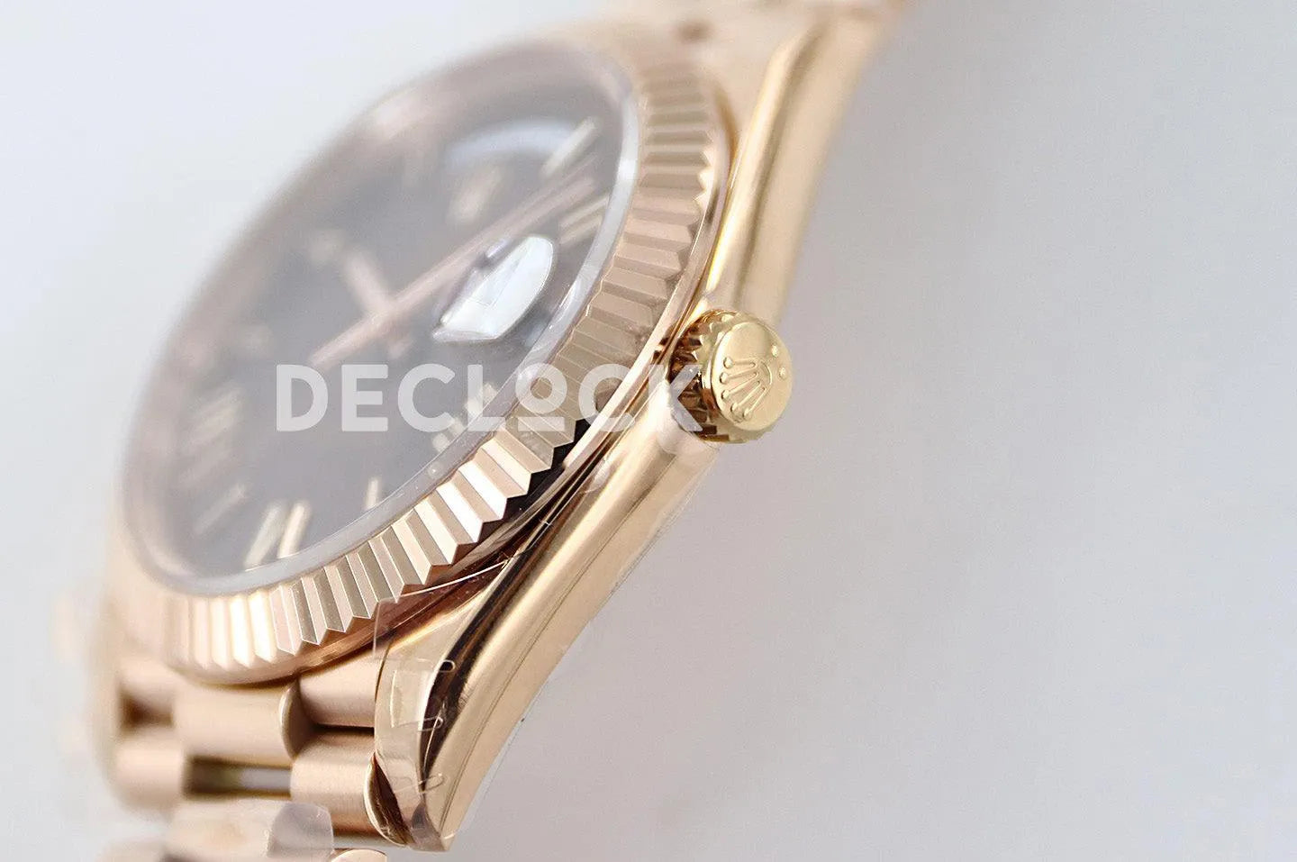 Replica Rolex Day-Date 40 228235 Chocolate Dial Roman Markers in Rose Gold