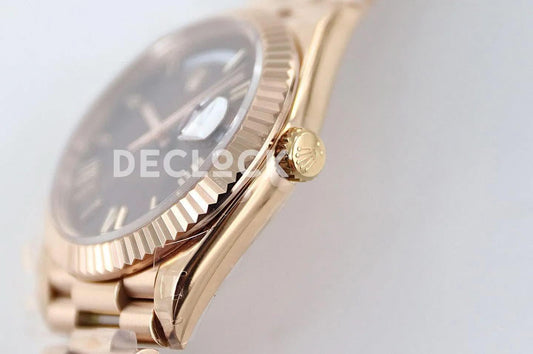 Replica Rolex Day-Date 40 228235 Chocolate Dial Roman Markers in Rose Gold | Declock.