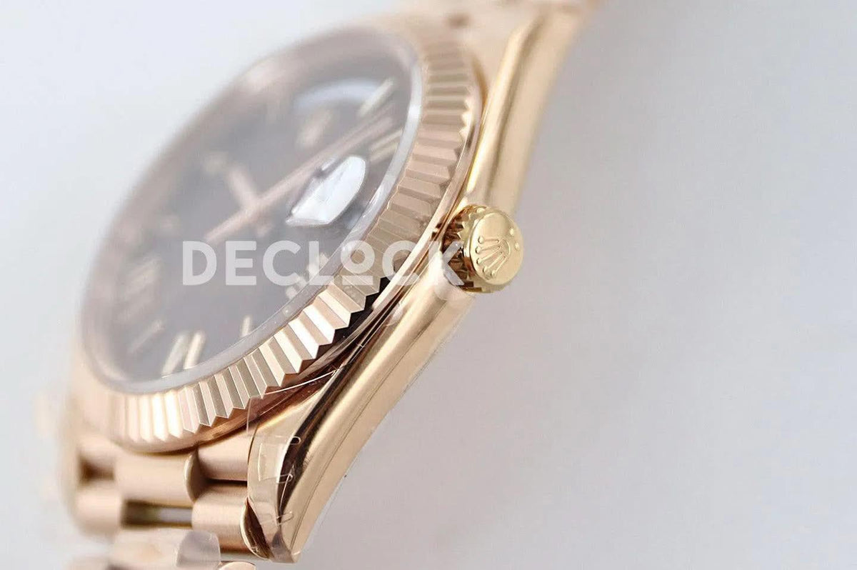 Replica Rolex Day-Date 40 228235 Chocolate Dial Roman Markers in Rose Gold |  Declock.
