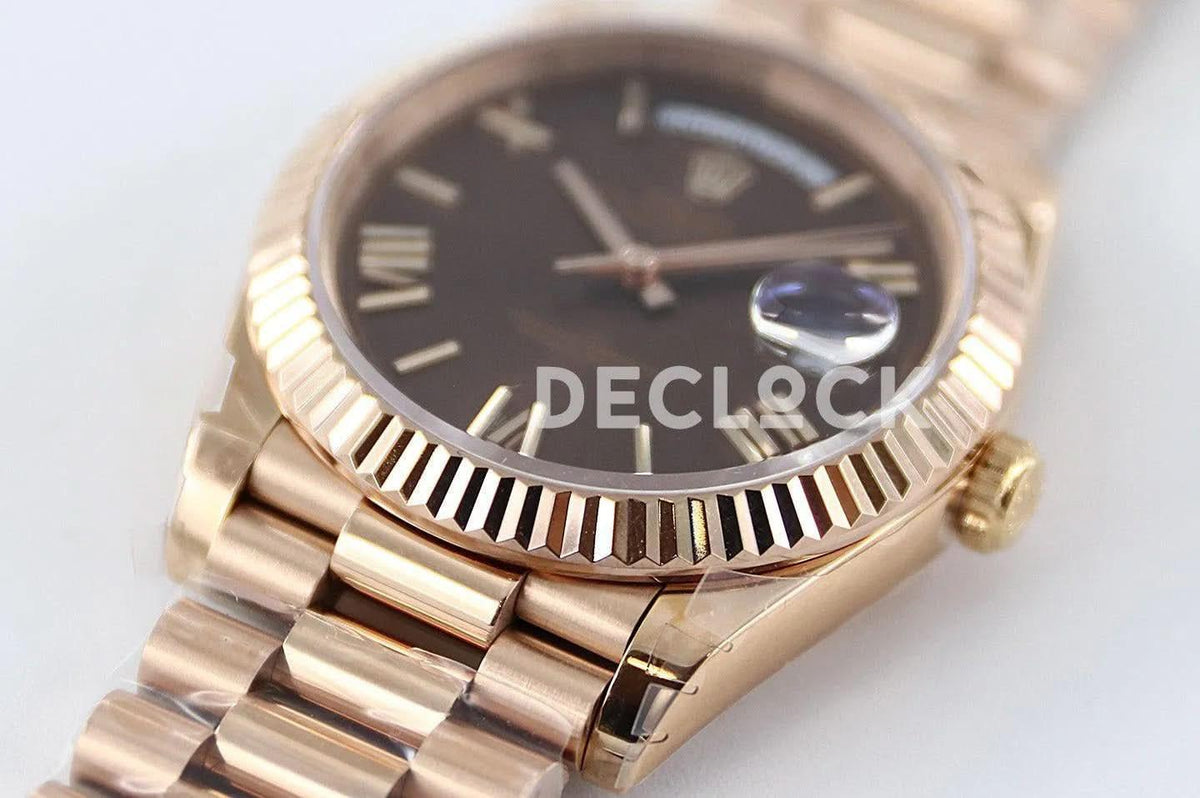 Replica Rolex Day-Date 40 228235 Chocolate Dial Roman Markers in Rose Gold |  Declock.