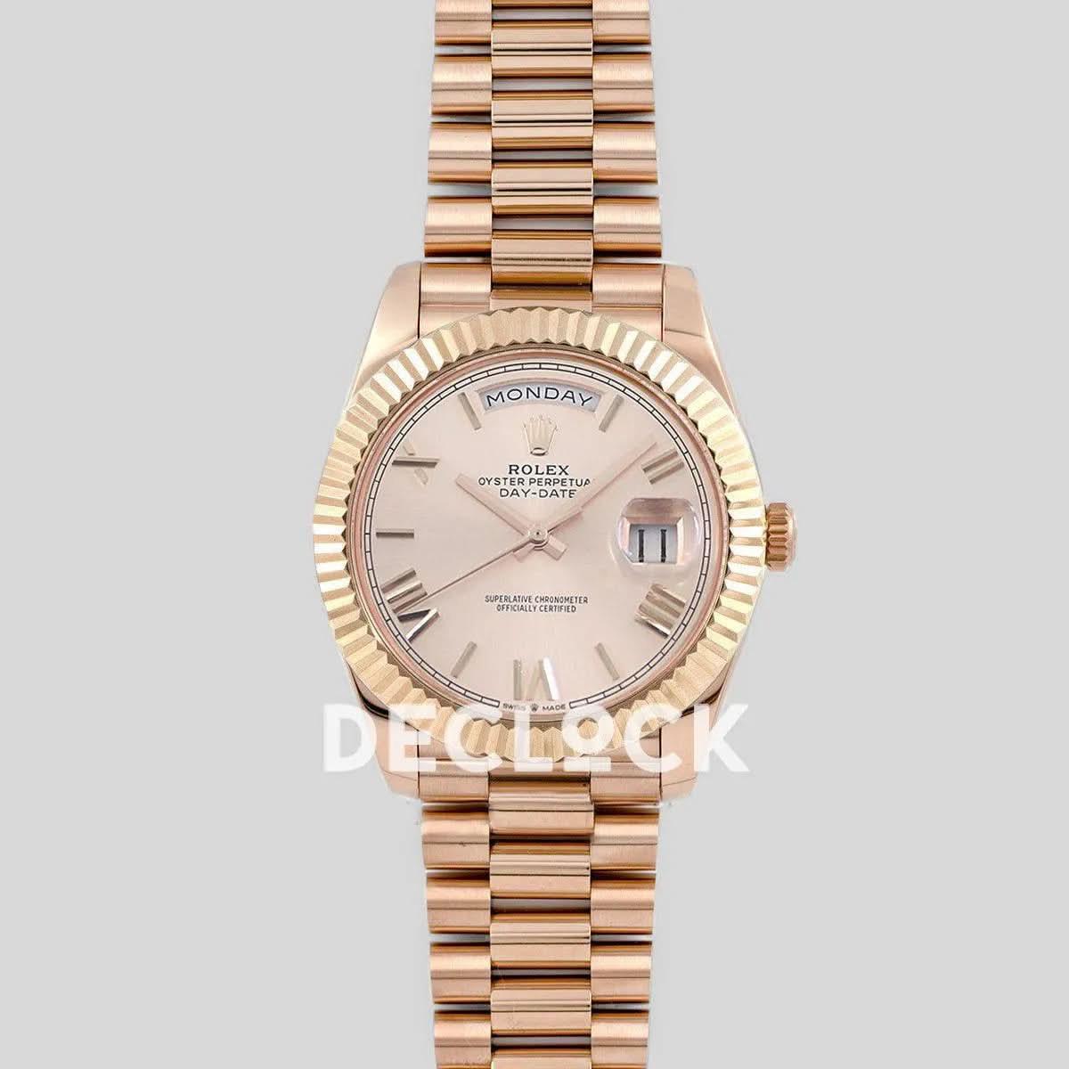 Replica Rolex Day-Date 40 228235 Rose Gold Dial in Rose Gold |  Declock.