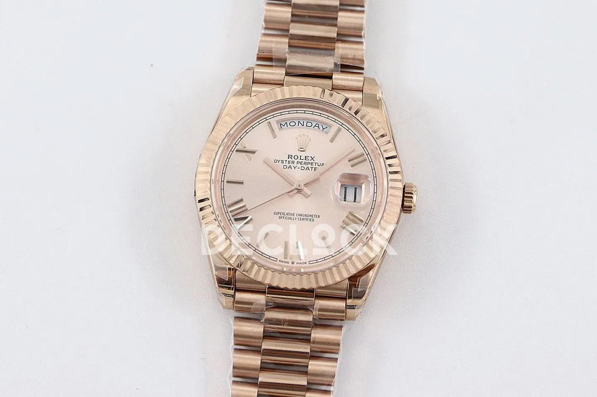 Replica Rolex Day-Date 40 228235 Rose Gold Dial in Rose Gold |  Declock.