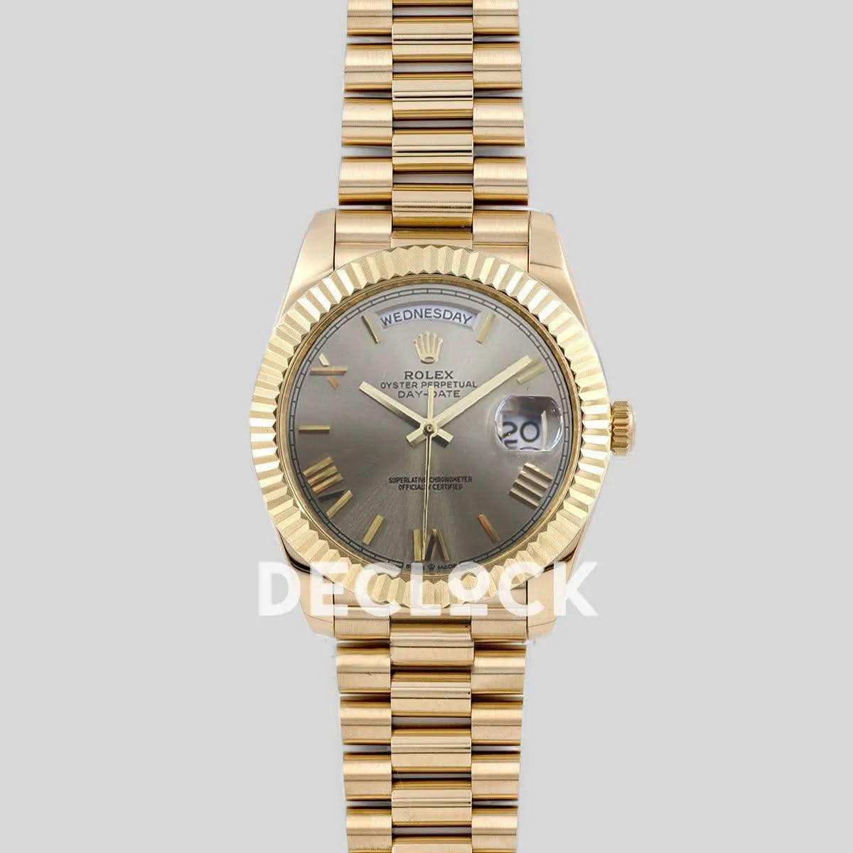 Replica Rolex Day-Date 40 228235 Silver Dial in Yellow Gold |  Declock.