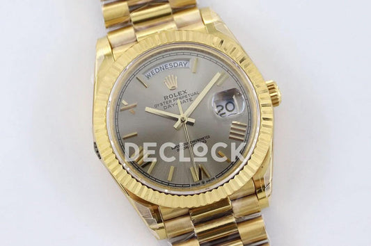 Replica Rolex Day-Date 40 228235 Silver Dial in Yellow Gold | Declock.