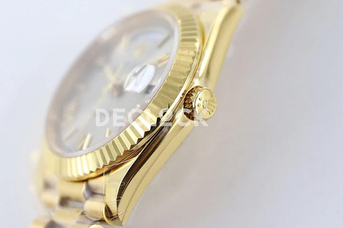 Replica Rolex Day-Date 40 228235 Silver Dial in Yellow Gold |  Declock.